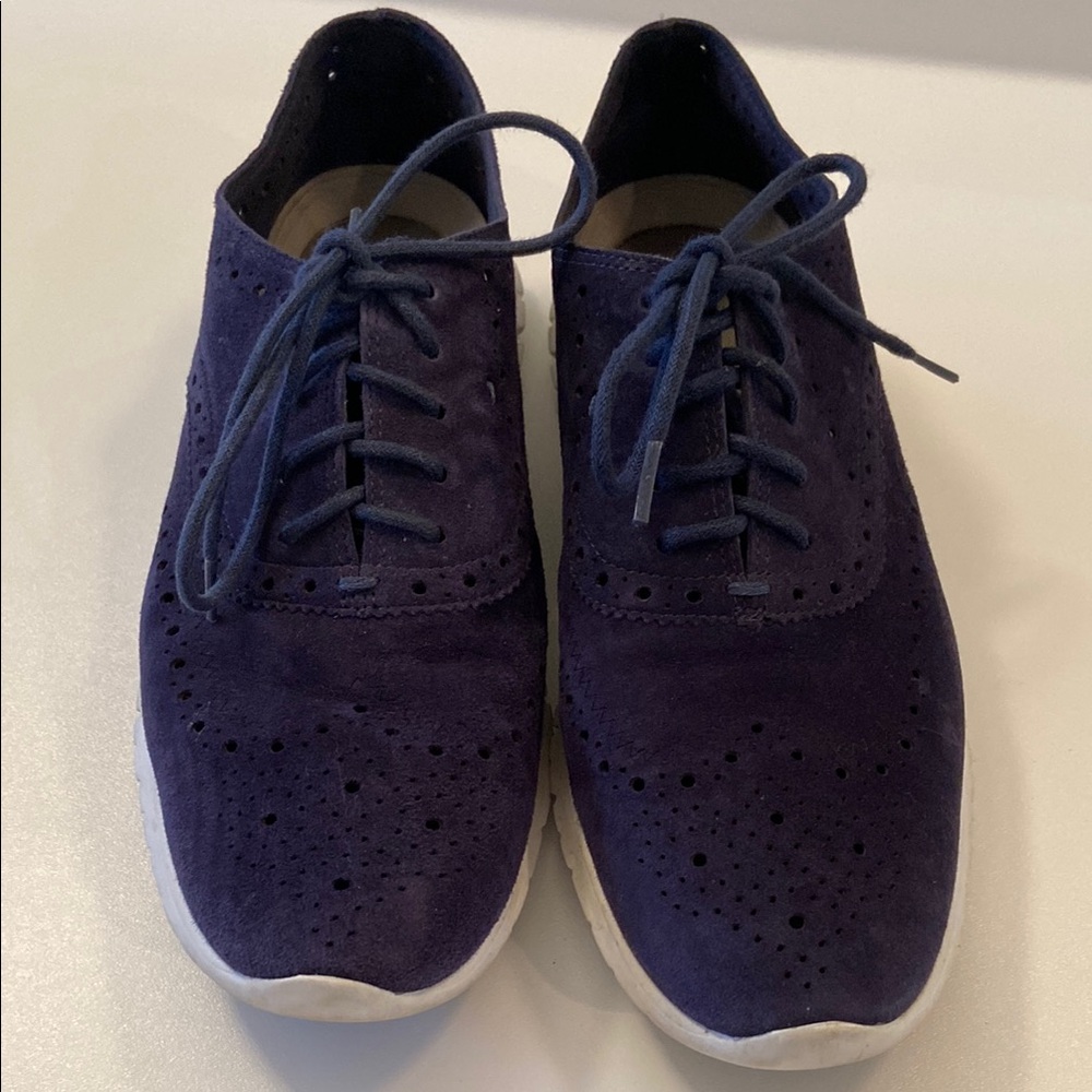 Navy Blue Oxford Shoes with Suede Material and Decorative Perforations Women’s